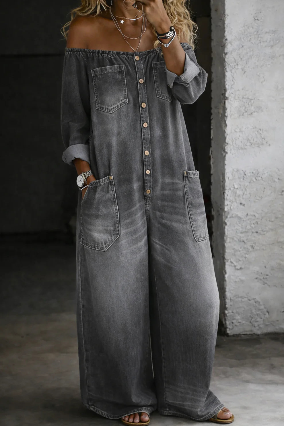 Elena™ | Combinaison denim épaules dénudées