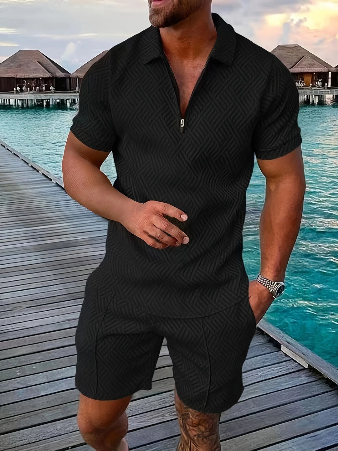 Ensemble Polo et Shorts Géométriques Décontractés et Stylés