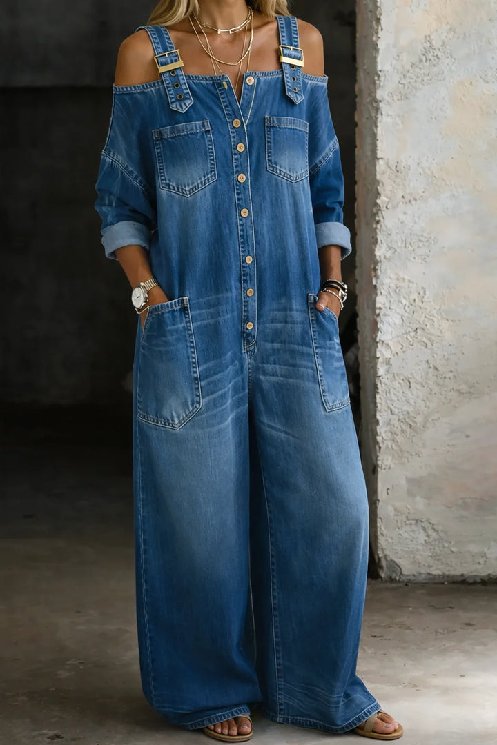 Sophia™ | Combinaison en jean à épaules dénudées
