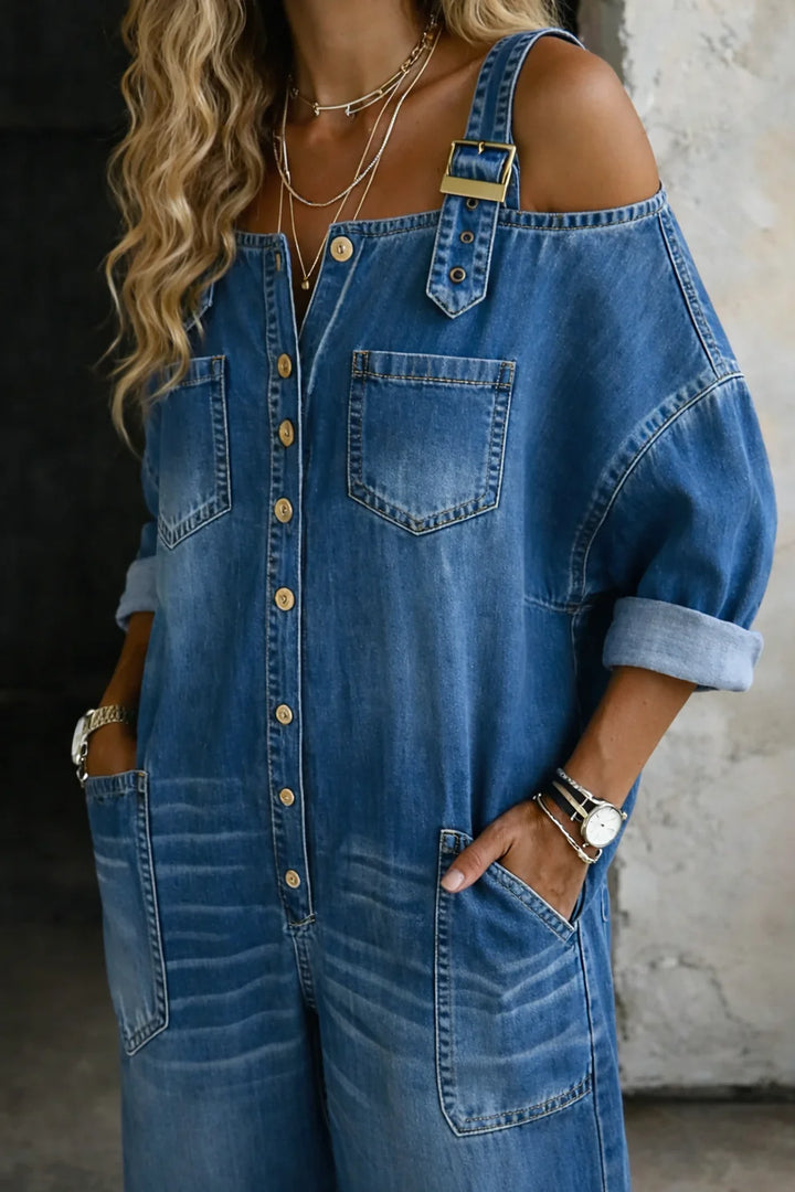 Sophia™ | Combinaison en jean à épaules dénudées