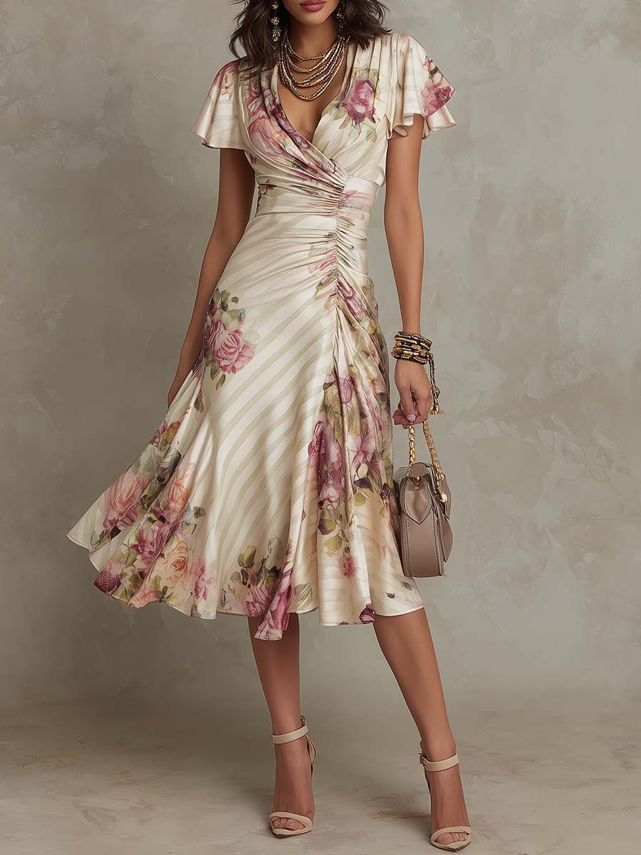 Auviero™ | Robe Élégante Drapée Florale Camille